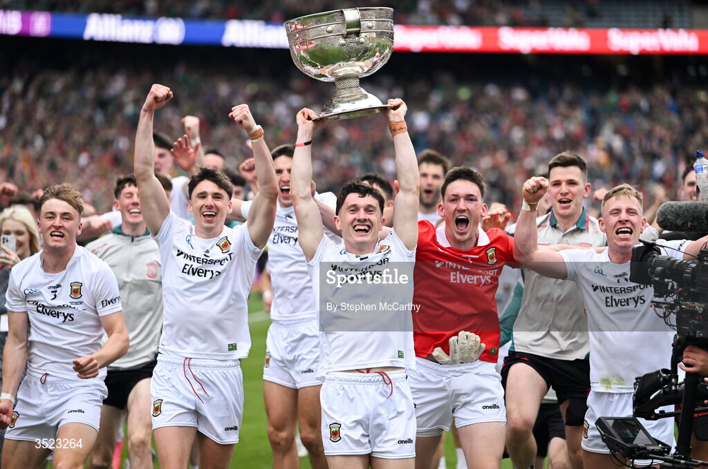 26 July 2026; Mayo captain Jack Coyne and team-mates celebrate with the Sam Maguire Cup following the GAA Football All-Ireland Senior Championship final match between Kerry and Mayo at Croke Park in Dublin. Photo by Stephen McCarthy/Sportsfile