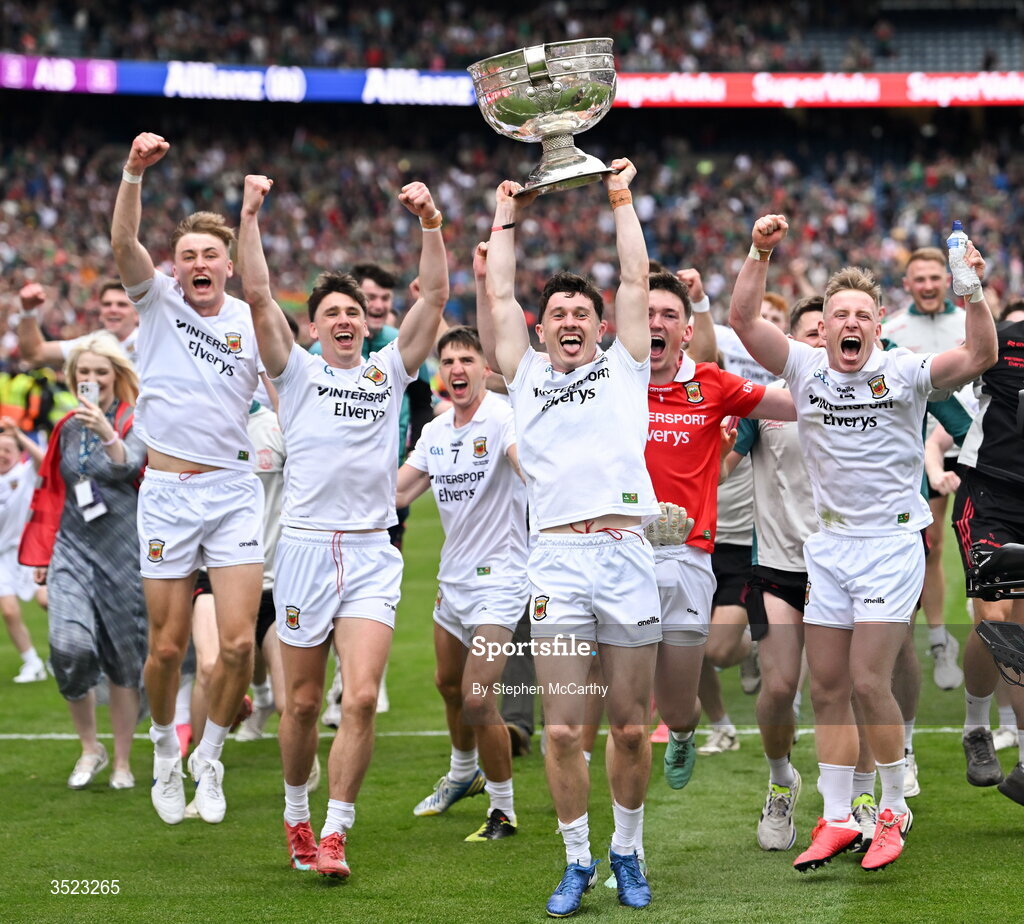 26 July 2026; Mayo captain Jack Coyne and team-mates celebrate with the Sam Maguire Cup following the GAA Football All-Ireland Senior Championship final match between Kerry and Mayo at Croke Park in Dublin. Photo by Stephen McCarthy/Sportsfile