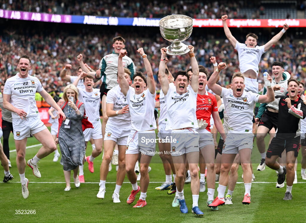 26 July 2026; Mayo captain Jack Coyne and team-mates celebrate with the Sam Maguire Cup following the GAA Football All-Ireland Senior Championship final match between Kerry and Mayo at Croke Park in Dublin. Photo by Stephen McCarthy/Sportsfile