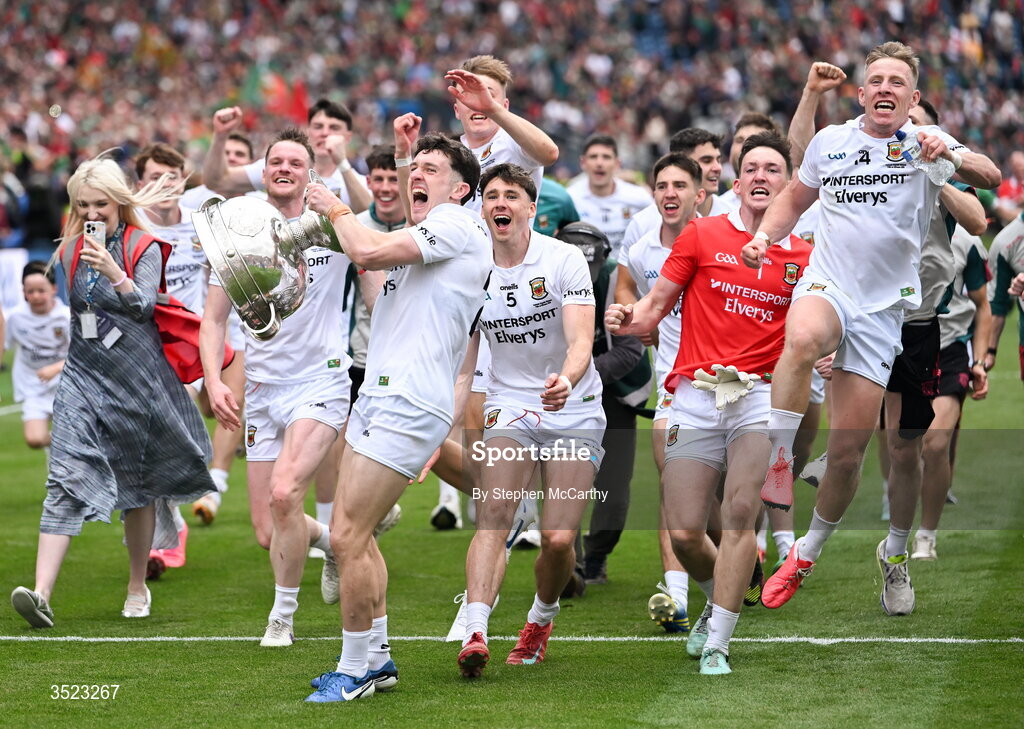26 July 2026; Mayo captain Jack Coyne and team-mates celebrate with the Sam Maguire Cup following the GAA Football All-Ireland Senior Championship final match between Kerry and Mayo at Croke Park in Dublin. Photo by Stephen McCarthy/Sportsfile