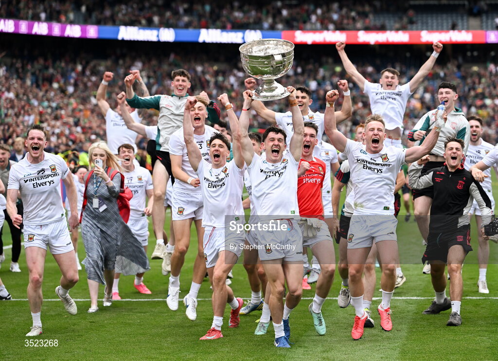 26 July 2026; Mayo captain Jack Coyne and team-mates celebrate with the Sam Maguire Cup following the GAA Football All-Ireland Senior Championship final match between Kerry and Mayo at Croke Park in Dublin. Photo by Stephen McCarthy/Sportsfile