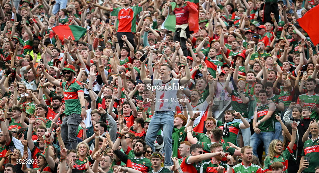 26 July 2026; Mayo supporters on Hill 16 celebrates after the GAA Football All-Ireland Senior Championship final match between Kerry and Mayo at Croke Park in Dublin. Photo by Stephen McCarthy/Sportsfile
