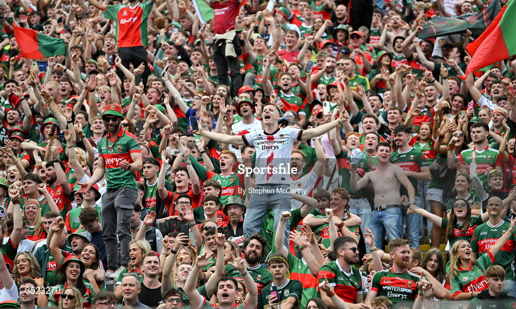 26 July 2026; Mayo supporters on Hill 16 celebrates after the GAA Football All-Ireland Senior Championship final match between Kerry and Mayo at Croke Park in Dublin. Photo by Stephen McCarthy/Sportsfile