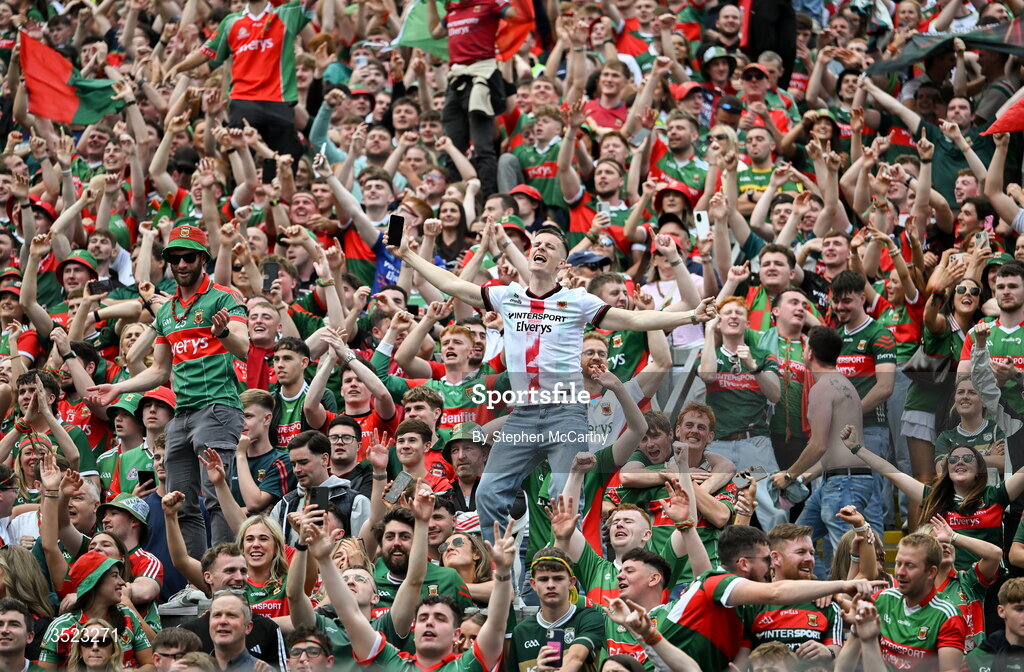 26 July 2026; Mayo supporters on Hill 16 celebrates after the GAA Football All-Ireland Senior Championship final match between Kerry and Mayo at Croke Park in Dublin. Photo by Stephen McCarthy/Sportsfile