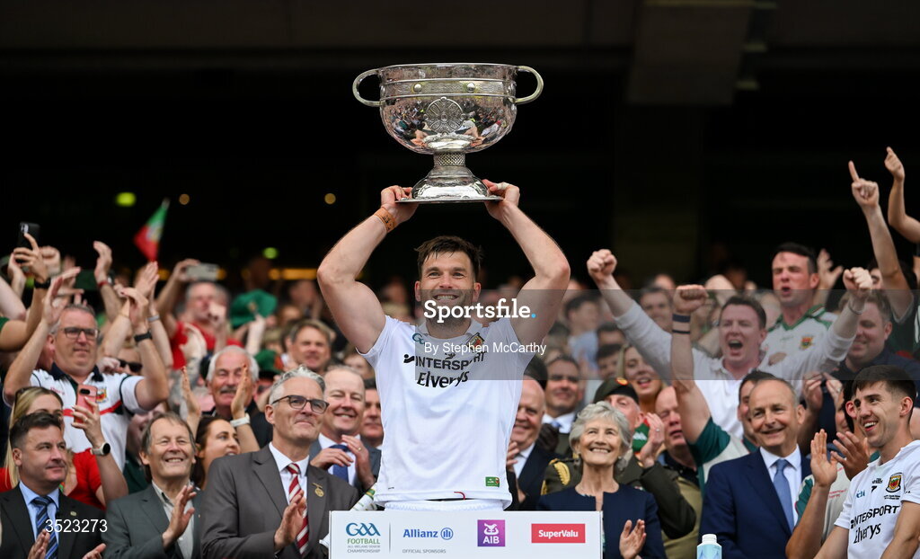 26 July 2026; Aidan O'Shea of Mayo lifts the Sam Maguire Cup following the GAA Football All-Ireland Senior Championship final match between Kerry and Mayo at Croke Park in Dublin. Photo by Stephen McCarthy/Sportsfile