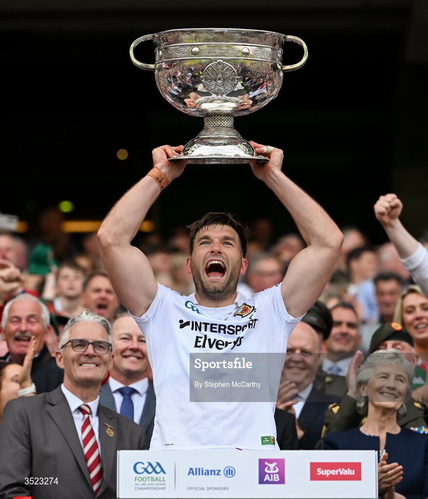 26 July 2026; Aidan O'Shea of Mayo lifts the Sam Maguire Cup following the GAA Football All-Ireland Senior Championship final match between Kerry and Mayo at Croke Park in Dublin. Photo by Stephen McCarthy/Sportsfile
