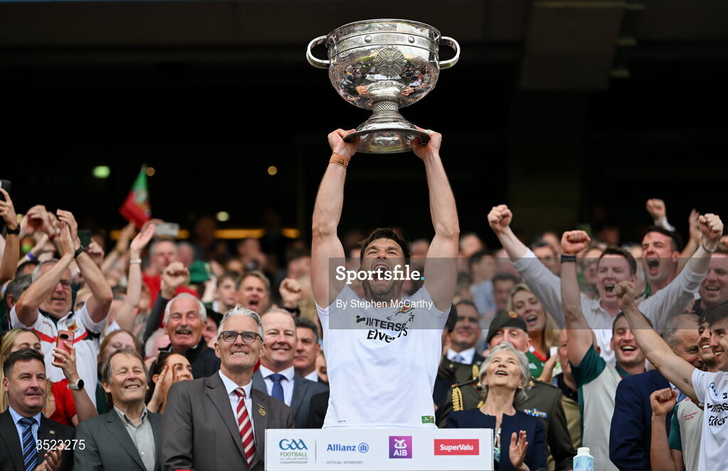 26 July 2026; Aidan O'Shea of Mayo lifts the Sam Maguire Cup following the GAA Football All-Ireland Senior Championship final match between Kerry and Mayo at Croke Park in Dublin. Photo by Stephen McCarthy/Sportsfile