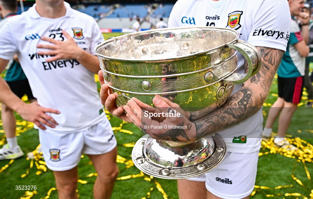 26 July 2026; Jordan Flynn of Mayo with the Sam Maguire Cup after victory in the GAA Football All-Ireland Senior Championship final match between Kerry and Mayo at Croke Park in Dublin. Photo by Piaras Ó Mídheach/Sportsfile