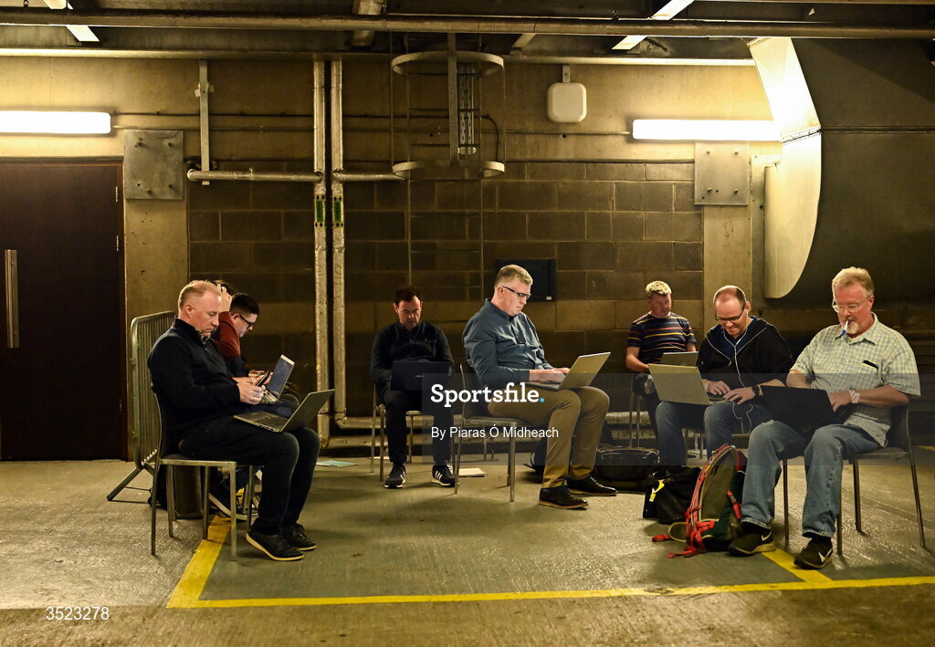 26 July 2026; Journalists at work opposite the Mayo dressing room after the GAA Football All-Ireland Senior Championship final match between Kerry and Mayo at Croke Park in Dublin. Photo by Piaras Ó Mídheach/Sportsfile