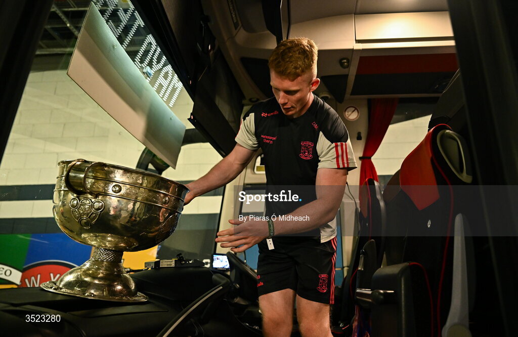 26 July 2026; David McBrien of Mayo places the Sam Maguire Cup in the front of the team bus after the GAA Football All-Ireland Senior Championship final match between Kerry and Mayo at Croke Park in Dublin. Photo by Piaras Ó Mídheach/Sportsfile