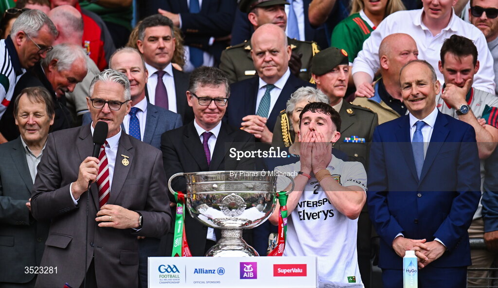 26 July 2026; Jack Coyne of Mayo waits to lift the Sam Maguire Cup after the GAA Football All-Ireland Senior Championship final match between Kerry and Mayo at Croke Park in Dublin. Photo by Piaras Ó Mídheach/Sportsfile