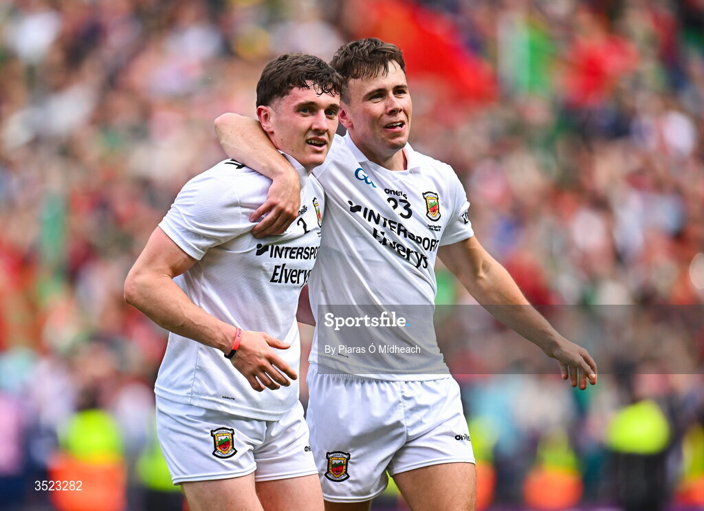 26 July 2026; Jack Coyne, left, and Matthew Ruane of Mayo celebrate after the GAA Football All-Ireland Senior Championship final match between Kerry and Mayo at Croke Park in Dublin. Photo by Piaras Ó Mídheach/Sportsfile