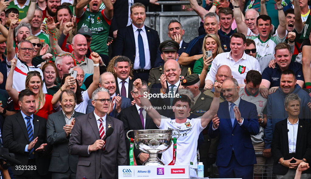 26 July 2026; Jack Coyne of Mayo waits to lift the Sam Maguire Cup after the GAA Football All-Ireland Senior Championship final match between Kerry and Mayo at Croke Park in Dublin. Photo by Piaras Ó Mídheach/Sportsfile