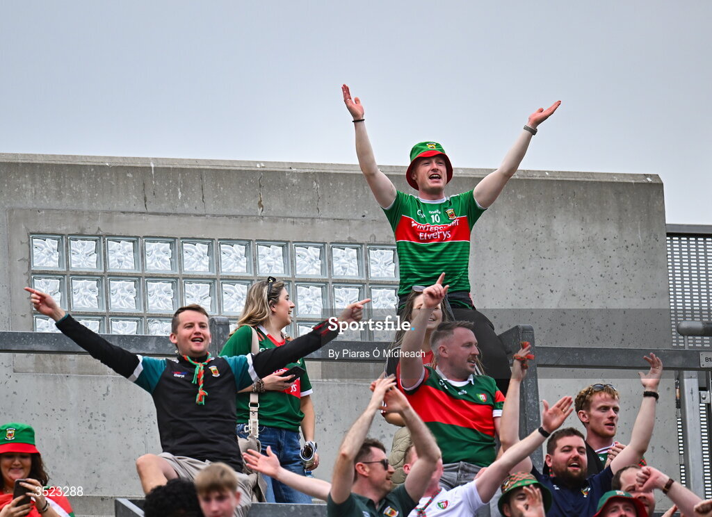 26 July 2026; Mayo supporters on Hill 16 celebrate after the GAA Football All-Ireland Senior Championship final match between Kerry and Mayo at Croke Park in Dublin. Photo by Piaras Ó Mídheach/Sportsfile