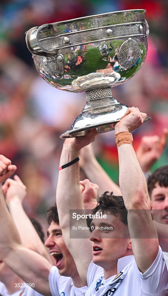 26 July 2026; Jack Coyne of Mayo celebrates with the Sam Maguire Cup after the GAA Football All-Ireland Senior Championship final match between Kerry and Mayo at Croke Park in Dublin. Photo by Piaras Ó Mídheach/Sportsfile