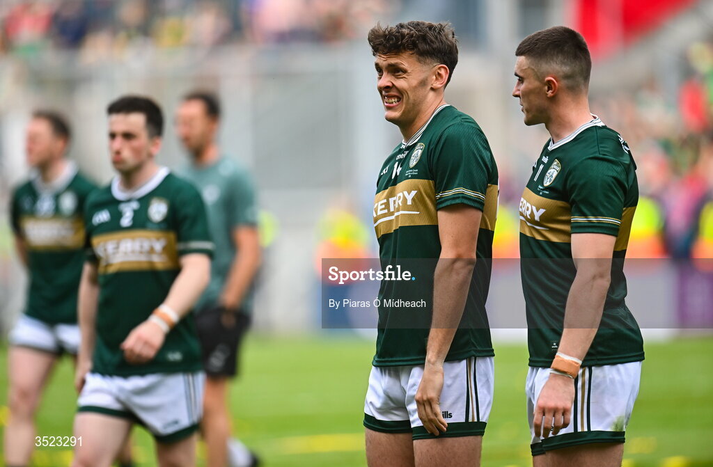 26 July 2026; Dejected Kerry players, David Clifford, left, and Seán O'Shea, after the GAA Football All-Ireland Senior Championship final match between Kerry and Mayo at Croke Park in Dublin. Photo by Piaras Ó Mídheach/Sportsfile