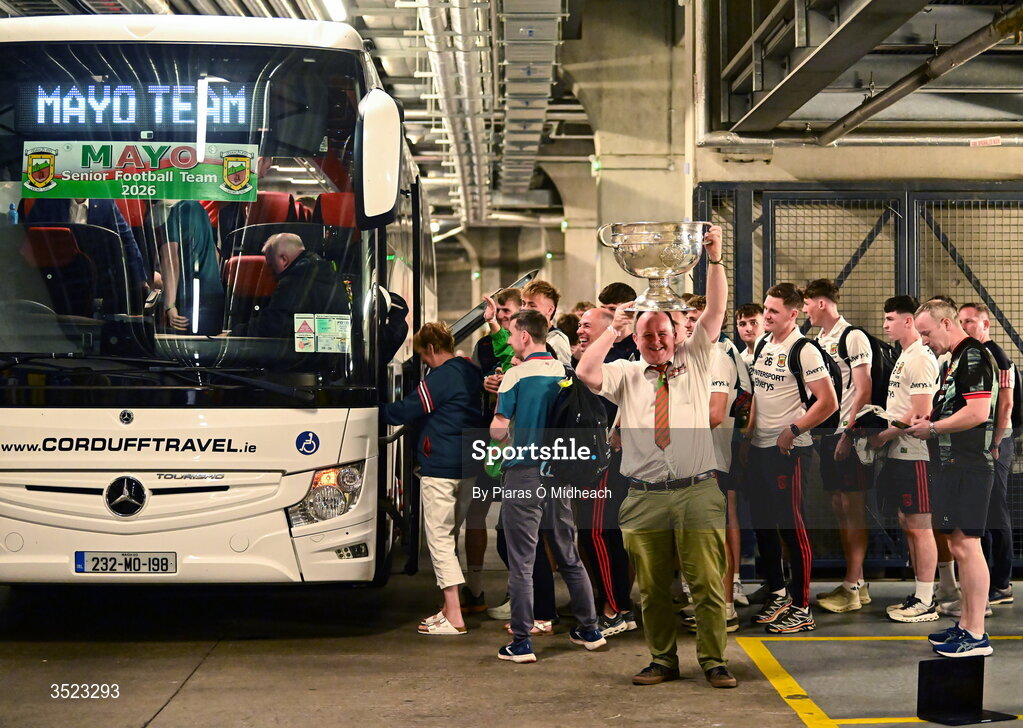 26 July 2026; Mayo bus driver PJ Hession celebrates with the Sam Maguire Cup as the team board the team bus after the GAA Football All-Ireland Senior Championship final match between Kerry and Mayo at Croke Park in Dublin. Photo by Piaras Ó Mídheach/Sportsfile
