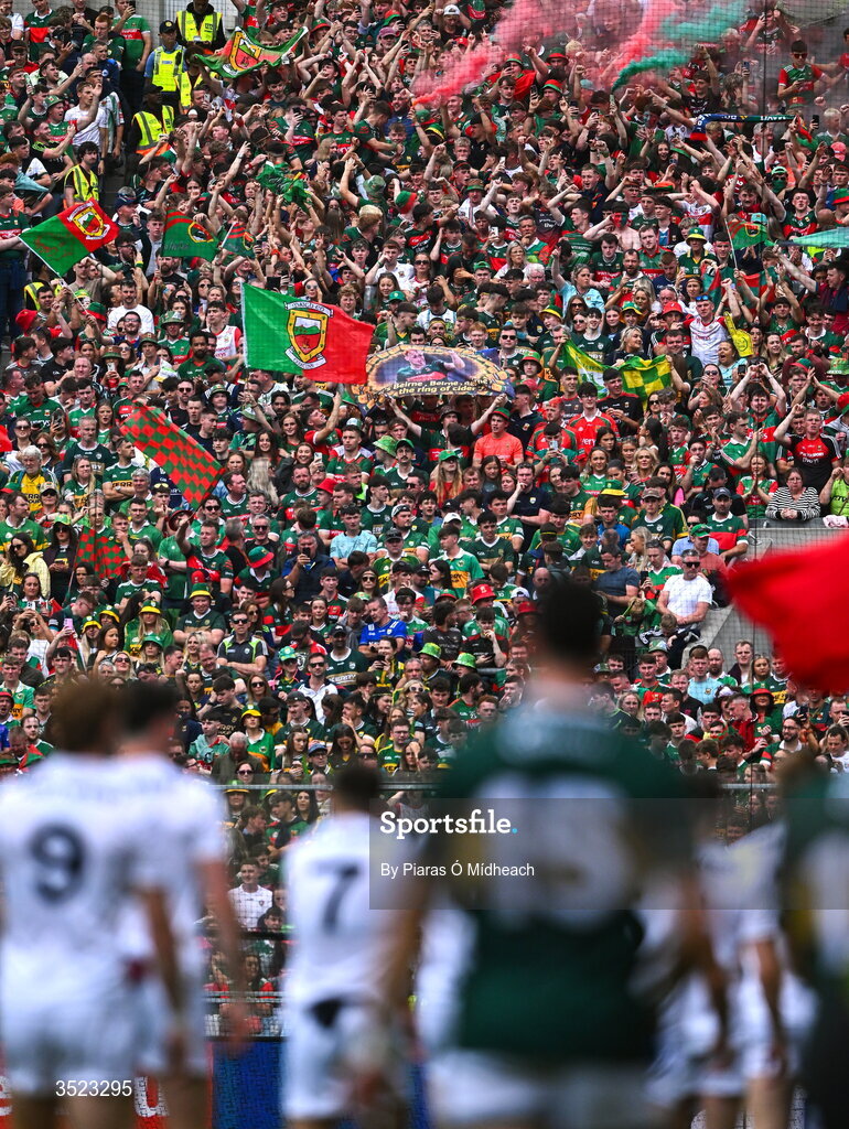26 July 2026; Supporters on Hill 16 during the parade ahead of the GAA Football All-Ireland Senior Championship final match between Kerry and Mayo at Croke Park in Dublin. Photo by Piaras Ó Mídheach/Sportsfile