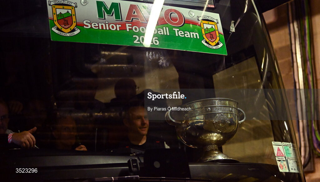 26 July 2026; The Sam Maguire Cup in the front of the team bus, with team manager Andy Moran sitting behind, after the GAA Football All-Ireland Senior Championship final match between Kerry and Mayo at Croke Park in Dublin. Photo by Piaras Ó Mídheach/Sportsfile