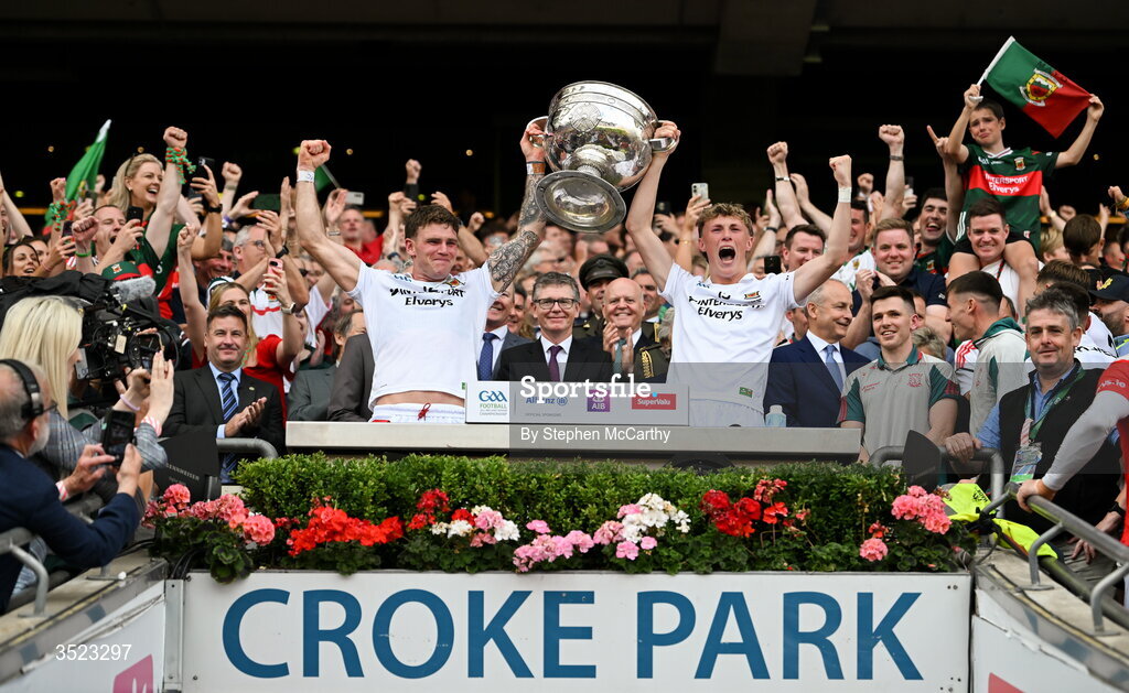 26 July 2026; Jordan Flynn, left, and Kobe McDonald of Mayo lift the Sam Maguire Cup following the GAA Football All-Ireland Senior Championship final match between Kerry and Mayo at Croke Park in Dublin. Photo by Stephen McCarthy/Sportsfile