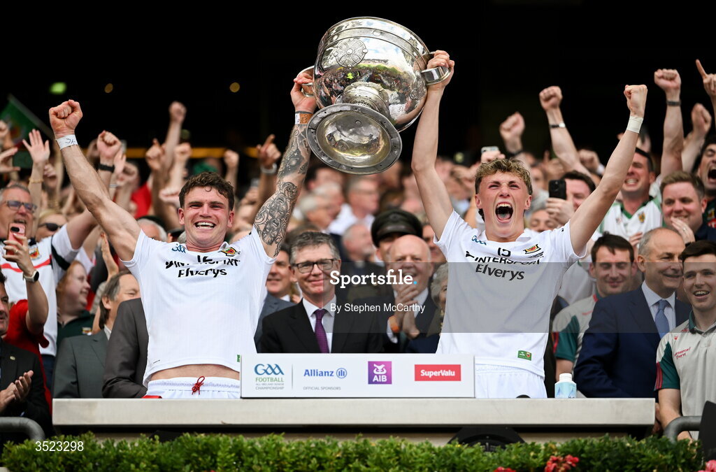 26 July 2026; Jordan Flynn, left, and Kobe McDonald of Mayo lift the Sam Maguire Cup following the GAA Football All-Ireland Senior Championship final match between Kerry and Mayo at Croke Park in Dublin. Photo by Stephen McCarthy/Sportsfile