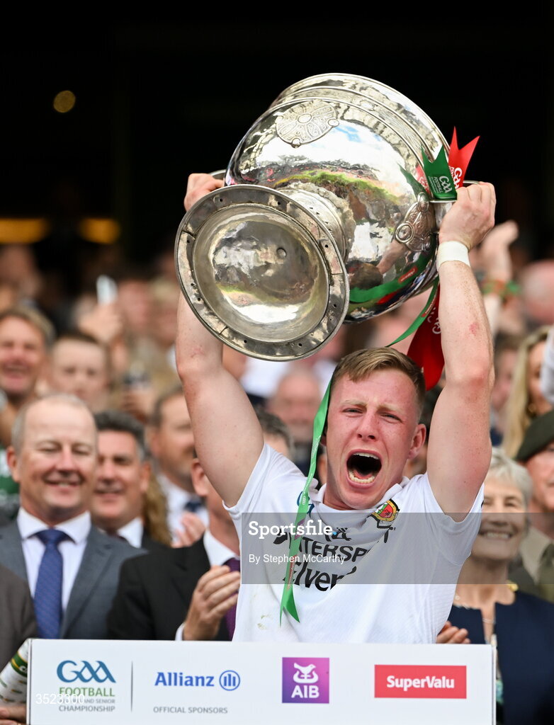 26 July 2026; Ryan O'Donoghue of Mayo lifts the Sam Maguire Cup following the GAA Football All-Ireland Senior Championship final match between Kerry and Mayo at Croke Park in Dublin. Photo by Stephen McCarthy/Sportsfile