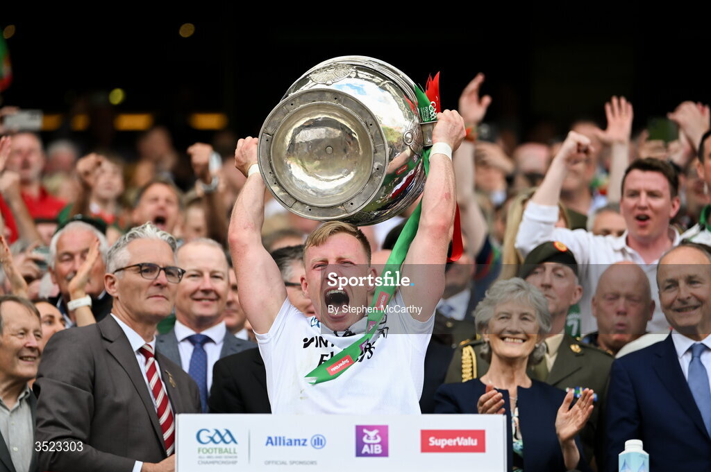 26 July 2026; Ryan O'Donoghue of Mayo lifts the Sam Maguire Cup following the GAA Football All-Ireland Senior Championship final match between Kerry and Mayo at Croke Park in Dublin. Photo by Stephen McCarthy/Sportsfile