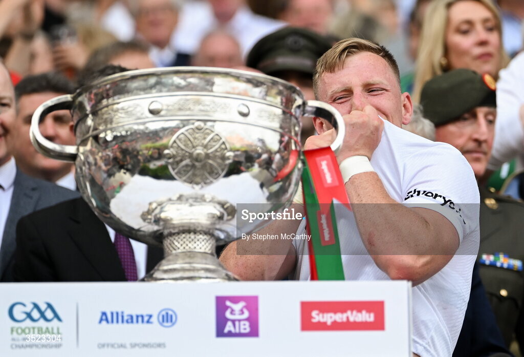 26 July 2026; Ryan O'Donoghue of Mayo lifts the Sam Maguire Cup following the GAA Football All-Ireland Senior Championship final match between Kerry and Mayo at Croke Park in Dublin. Photo by Stephen McCarthy/Sportsfile