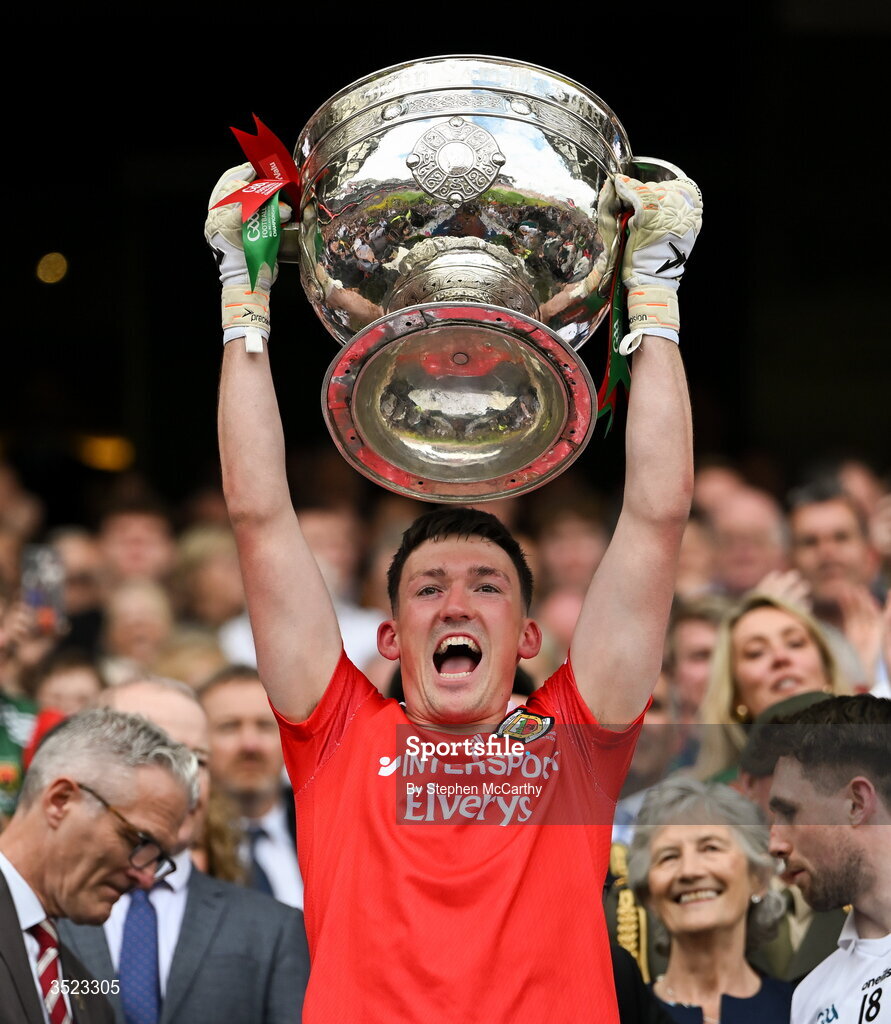 26 July 2026; Mayo goalkeeper Jack Livingstone lifts the Sam Maguire Cup following the GAA Football All-Ireland Senior Championship final match between Kerry and Mayo at Croke Park in Dublin. Photo by Stephen McCarthy/Sportsfile
