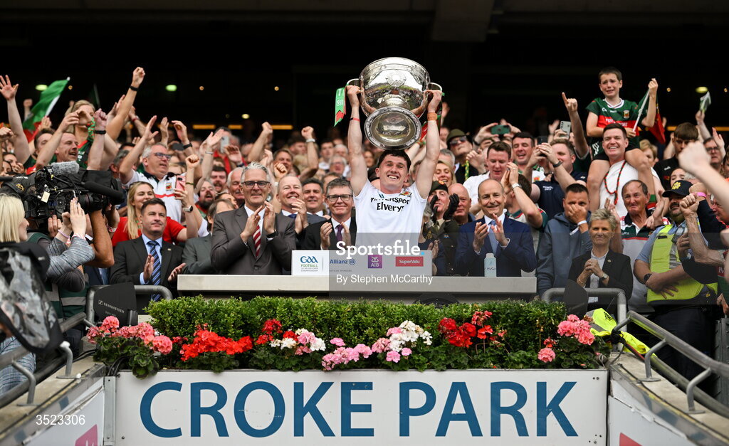 26 July 2026; Mayo captain Jack Coyne lifts the Sam Maguire Cup following the GAA Football All-Ireland Senior Championship final match between Kerry and Mayo at Croke Park in Dublin. Photo by Stephen McCarthy/Sportsfile