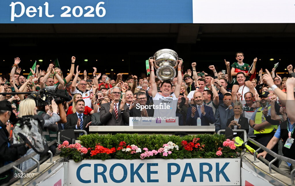 26 July 2026; Mayo captain Jack Coyne lifts the Sam Maguire Cup following the GAA Football All-Ireland Senior Championship final match between Kerry and Mayo at Croke Park in Dublin. Photo by Stephen McCarthy/Sportsfile