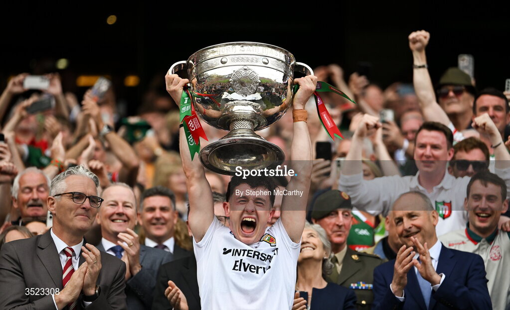26 July 2026; Mayo captain Jack Coyne lifts the Sam Maguire Cup following the GAA Football All-Ireland Senior Championship final match between Kerry and Mayo at Croke Park in Dublin. Photo by Stephen McCarthy/Sportsfile