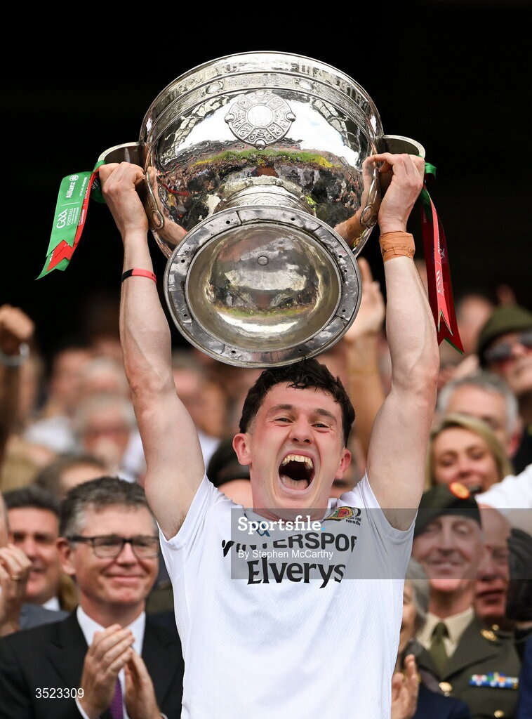 26 July 2026; Mayo captain Jack Coyne lifts the Sam Maguire Cup following the GAA Football All-Ireland Senior Championship final match between Kerry and Mayo at Croke Park in Dublin. Photo by Stephen McCarthy/Sportsfile