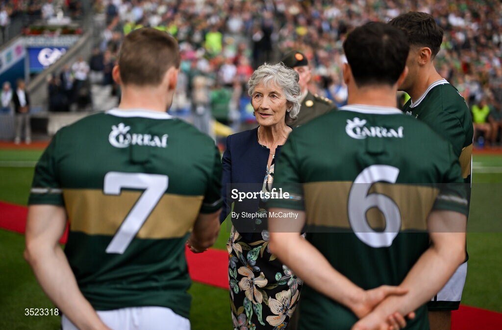 26 July 2026; President of Ireland Catherine Connolly with Gavin White, 7, and Mike Breen, 6, of Kerry during the GAA Football All-Ireland Senior Championship final match between Kerry and Mayo at Croke Park in Dublin. Photo by Stephen McCarthy/Sportsfile