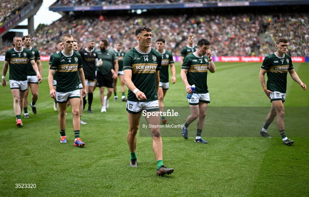 26 July 2026; David Clifford and Kerry team-mates before the GAA Football All-Ireland Senior Championship final match between Kerry and Mayo at Croke Park in Dublin. Photo by Stephen McCarthy/Sportsfile