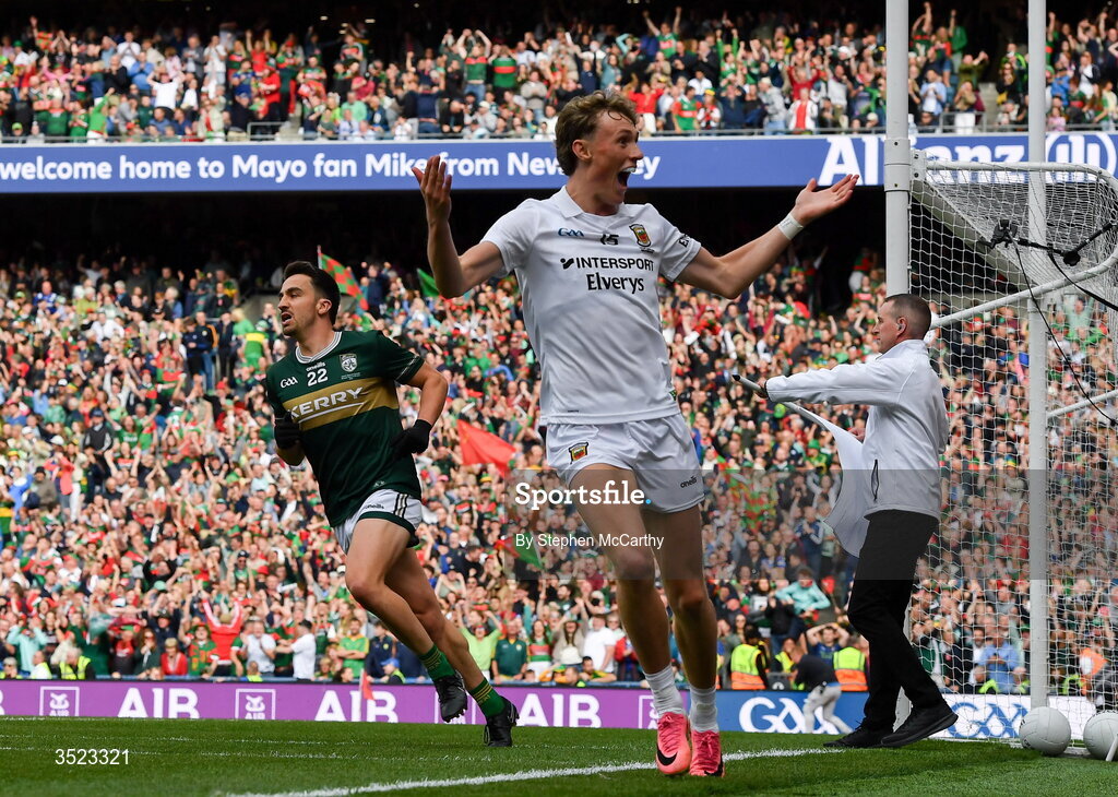 26 July 2026; Kobe McDonald of Mayo celebrates a late score during the GAA Football All-Ireland Senior Championship final match between Kerry and Mayo at Croke Park in Dublin. Photo by Stephen McCarthy/Sportsfile
