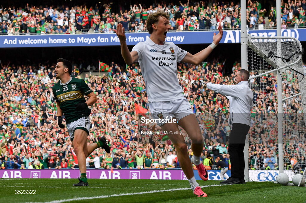 26 July 2026; Kobe McDonald of Mayo celebrates his side's final score of the game during the GAA Football All-Ireland Senior Championship final match between Kerry and Mayo at Croke Park in Dublin. Photo by Stephen McCarthy/Sportsfile