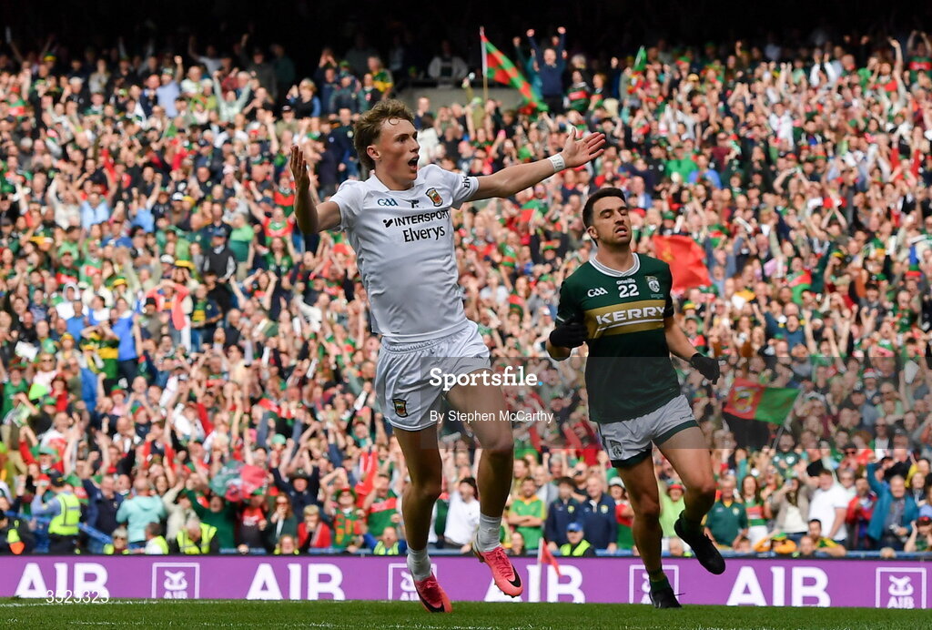 26 July 2026; Kobe McDonald of Mayo celebrates a late score during the GAA Football All-Ireland Senior Championship final match between Kerry and Mayo at Croke Park in Dublin. Photo by Stephen McCarthy/Sportsfile