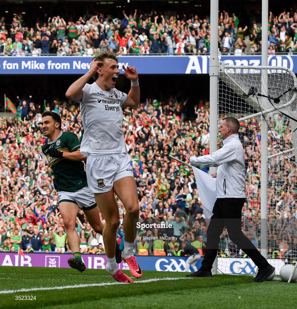 26 July 2026; Kobe McDonald of Mayo celebrates his side's final score of the game during the GAA Football All-Ireland Senior Championship final match between Kerry and Mayo at Croke Park in Dublin. Photo by Stephen McCarthy/Sportsfile