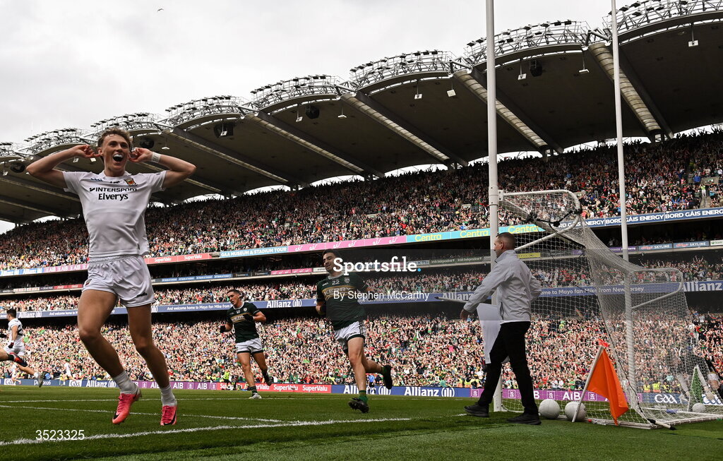 26 July 2026; Kobe McDonald of Mayo celebrates his side's final score of the game during the GAA Football All-Ireland Senior Championship final match between Kerry and Mayo at Croke Park in Dublin. Photo by Stephen McCarthy/Sportsfile