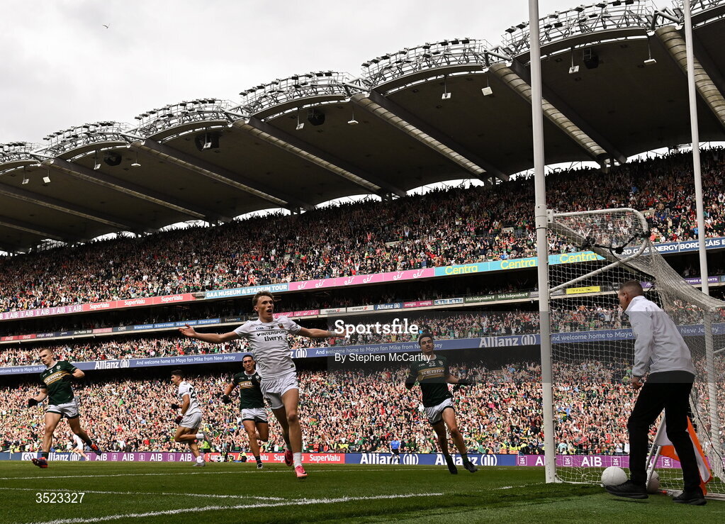 26 July 2026; Kobe McDonald of Mayo celebrates a late score during the GAA Football All-Ireland Senior Championship final match between Kerry and Mayo at Croke Park in Dublin. Photo by Stephen McCarthy/Sportsfile