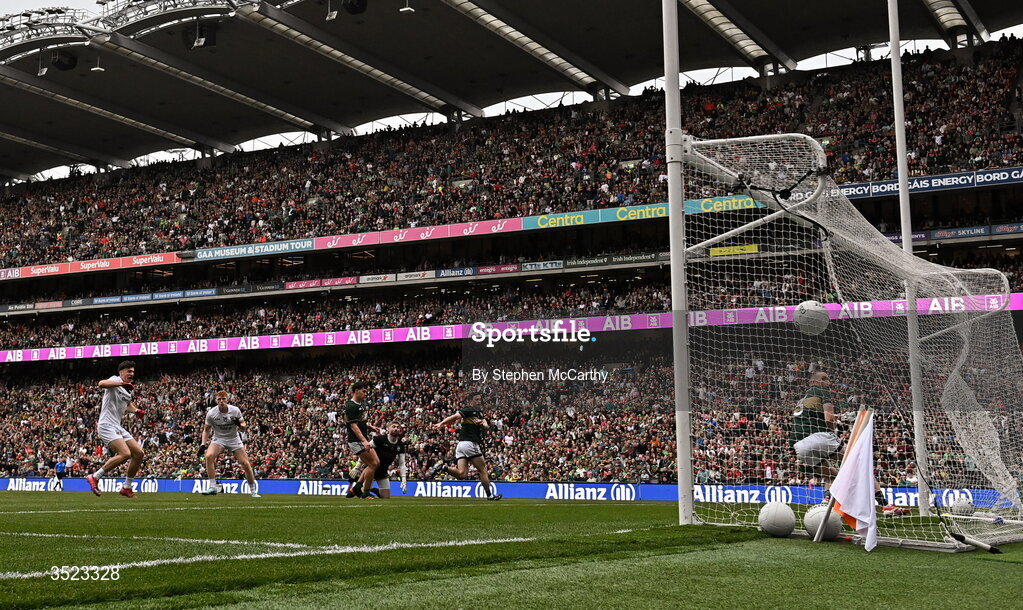 26 July 2026; Darragh Beirne, 13, of Mayo scores his side's goal during the GAA Football All-Ireland Senior Championship final match between Kerry and Mayo at Croke Park in Dublin. Photo by Stephen McCarthy/Sportsfile