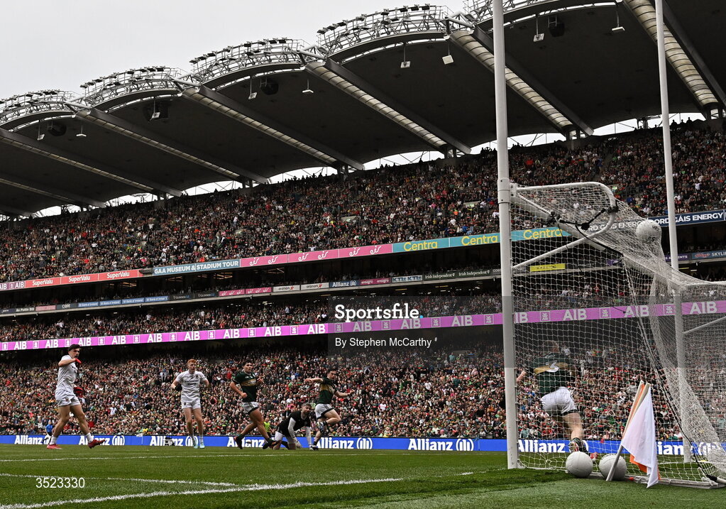 26 July 2026; Darragh Beirne of Mayo scores his side's first goal during the GAA Football All-Ireland Senior Championship final match between Kerry and Mayo at Croke Park in Dublin. Photo by Stephen McCarthy/Sportsfile