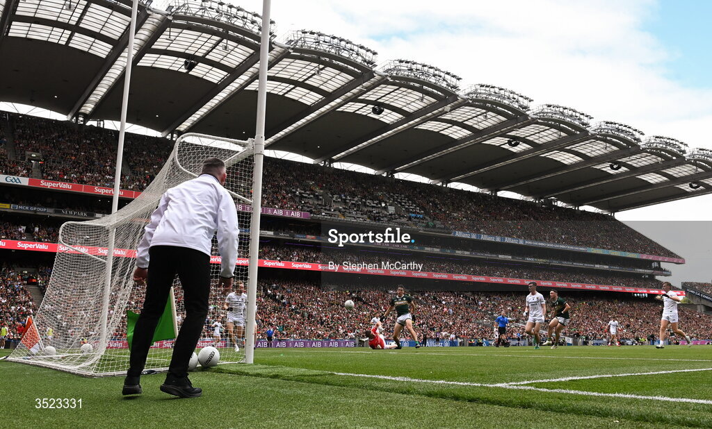 26 July 2026; David Clifford of Kerry scores his side's goal during the GAA Football All-Ireland Senior Championship final match between Kerry and Mayo at Croke Park in Dublin. Photo by Stephen McCarthy/Sportsfile
