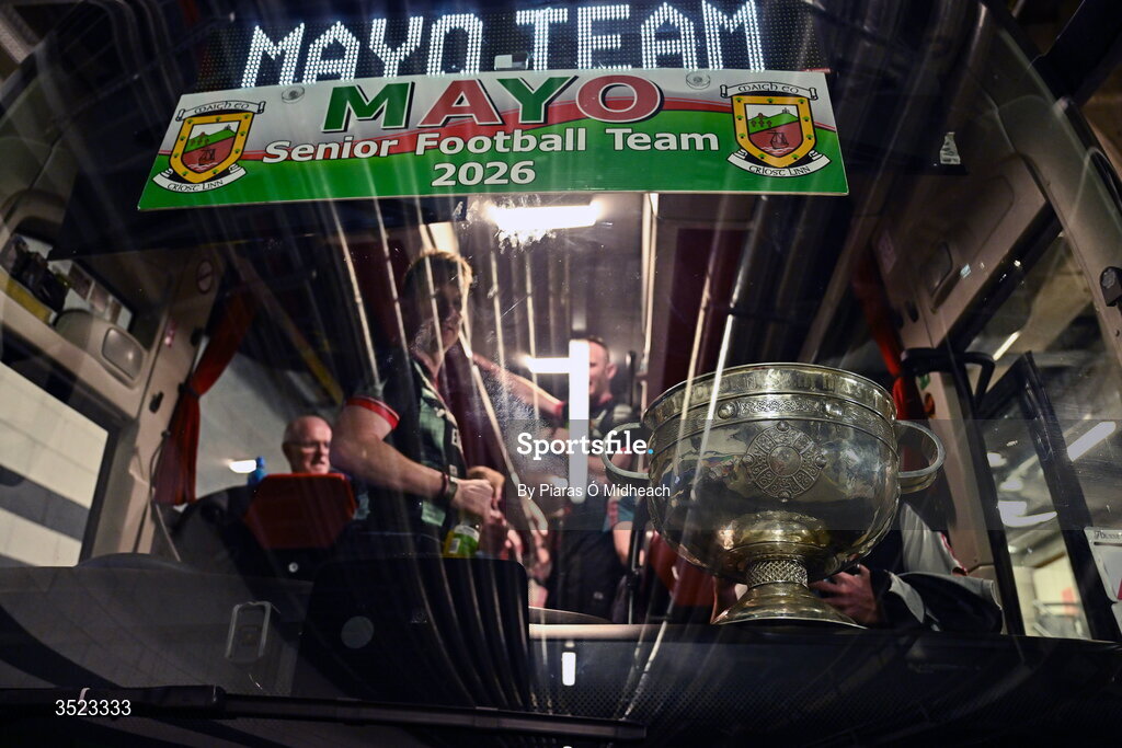 26 July 2026; The Sam Maguire Cup in front of the Mayo team bus after the GAA Football All-Ireland Senior Championship final match between Kerry and Mayo at Croke Park in Dublin. Photo by Piaras Ó Mídheach/Sportsfile