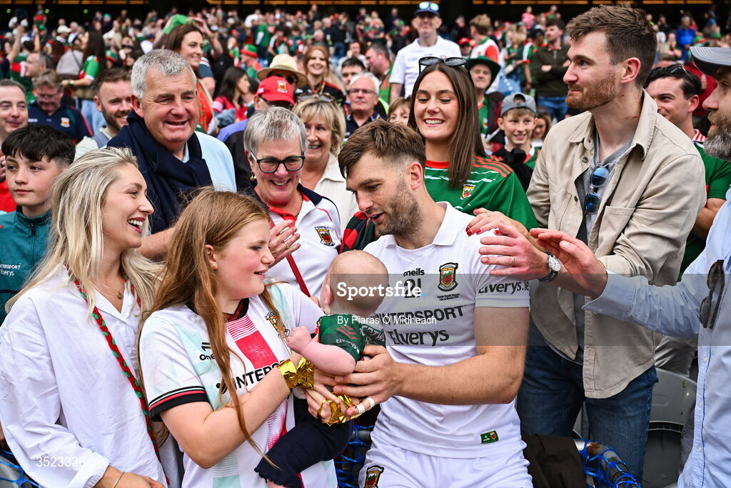 26 July 2026; Aidan O'Shea of Mayo celebrates with family after victory in the GAA Football All-Ireland Senior Championship final match between Kerry and Mayo at Croke Park in Dublin. Photo by Piaras Ó Mídheach/Sportsfile