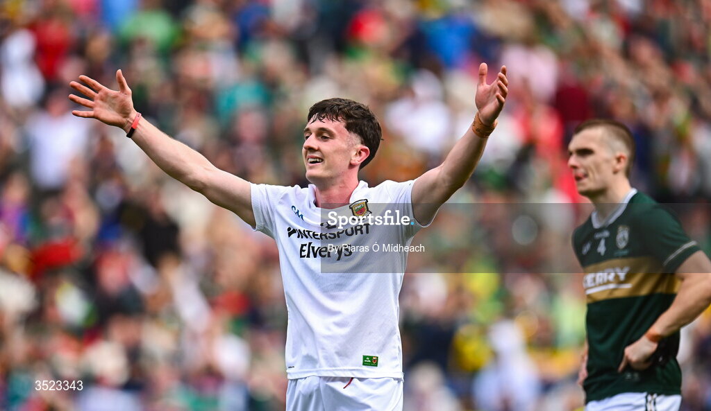 26 July 2026; Mayo captain Jack Coyne celebrates after victory in the GAA Football All-Ireland Senior Championship final match between Kerry and Mayo at Croke Park in Dublin. Photo by Piaras Ó Mídheach/Sportsfile