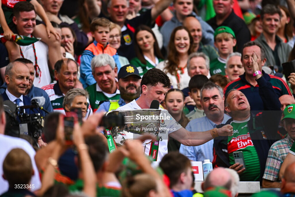 26 July 2026; Mayo captain Jack Coyne makes a speech after the GAA Football All-Ireland Senior Championship final match between Kerry and Mayo at Croke Park in Dublin. Photo by Piaras Ó Mídheach/Sportsfile