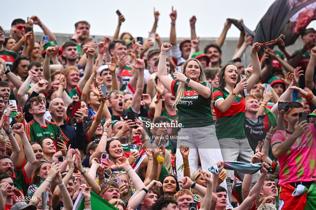 26 July 2026; Mayo supporters celebrate on Hill 16 after the GAA Football All-Ireland Senior Championship final match between Kerry and Mayo at Croke Park in Dublin. Photo by Piaras Ó Mídheach/Sportsfile