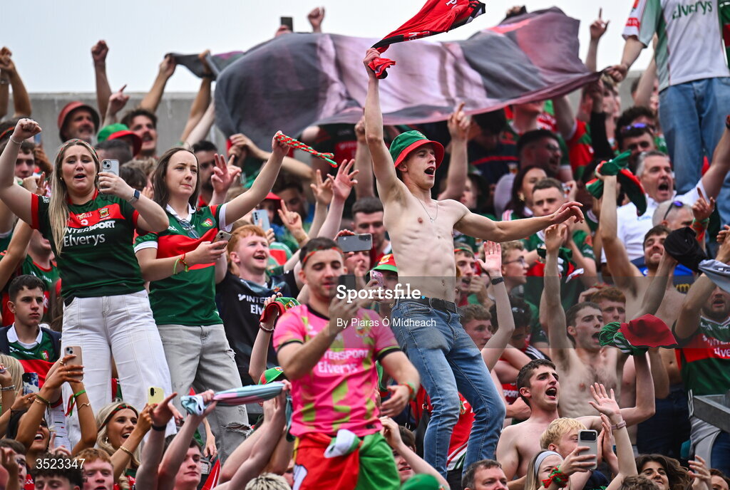 26 July 2026; Mayo supporters celebrate on Hill 16 after the GAA Football All-Ireland Senior Championship final match between Kerry and Mayo at Croke Park in Dublin. Photo by Piaras Ó Mídheach/Sportsfile